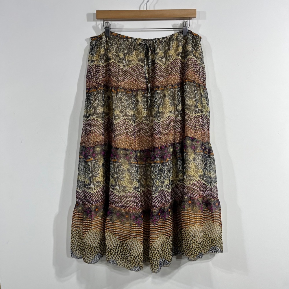 MetroWear Fairy Grunge Renfair Peasant Floral Boho Tiered Maxi Skirt Large Brown